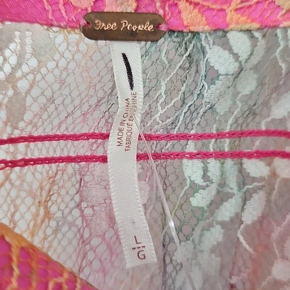 Free People Julie Printed Sheer Lace Mesh Smocked Top Tropical Sunset‎  Combo - Picture 6 of 14